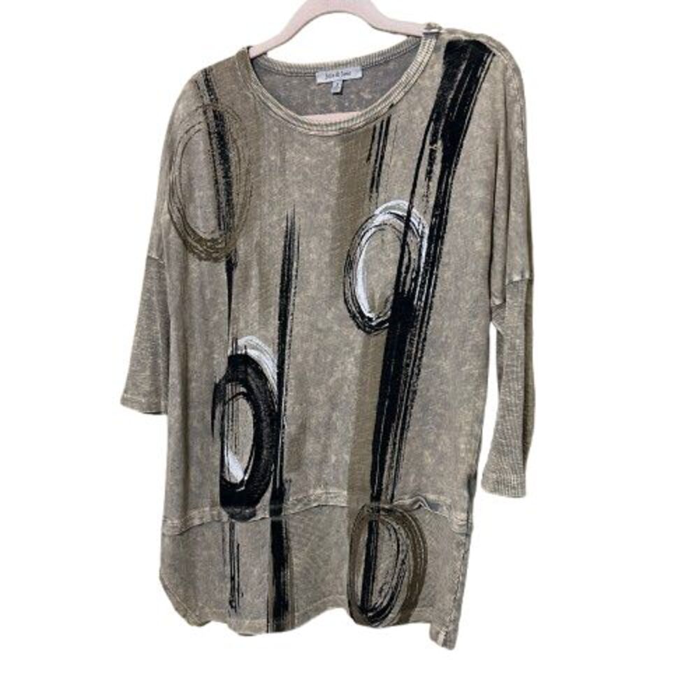 Jess & Jane Asymmetric Top Womens Small Beige Brown Geometric Art Boho Lagenlook - Picture 2 of 8